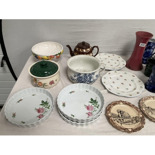 229 - BOX OF CHINA TO INCLUDE 2 SHELLEY PLATES, CHAMBER POTS TEAPOTS 2 FLO BLUE JUGS ETC