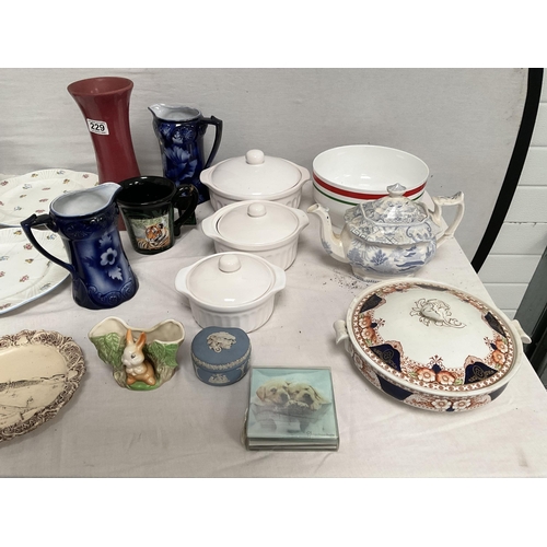 229 - BOX OF CHINA TO INCLUDE 2 SHELLEY PLATES, CHAMBER POTS TEAPOTS 2 FLO BLUE JUGS ETC