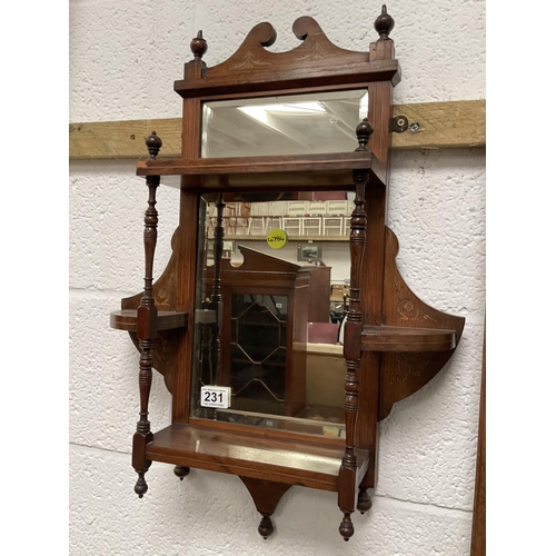 231 - EDWARDIAN MAHOGANY INLAID MIRROR BACKED WALL SHELF WITH 2 SHELVES SUPPORTED ON TURNED SUPPORTS AND F... 