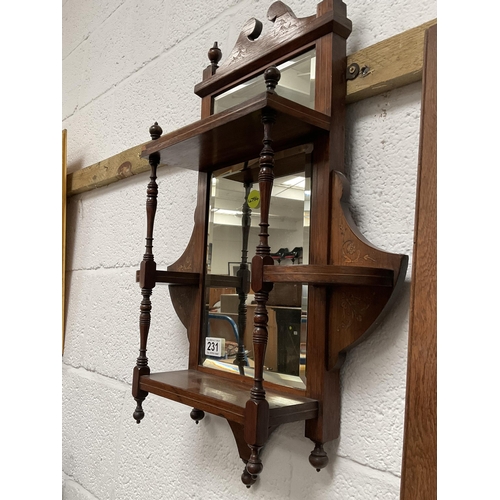 231 - EDWARDIAN MAHOGANY INLAID MIRROR BACKED WALL SHELF WITH 2 SHELVES SUPPORTED ON TURNED SUPPORTS AND F... 