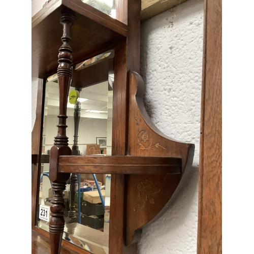 231 - EDWARDIAN MAHOGANY INLAID MIRROR BACKED WALL SHELF WITH 2 SHELVES SUPPORTED ON TURNED SUPPORTS AND F... 