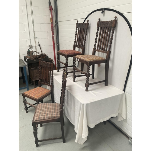 244 - SET OF 4 VINTAGE OAK BARLEYTWIST STRETCHERED DINING CHAIRS