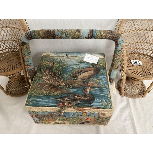 251 - VINTAGE SEWING BOX AND CONTENTS AND 2 MINIATURE WICKER PEACOCK CHAIRS