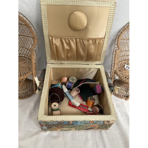 251 - VINTAGE SEWING BOX AND CONTENTS AND 2 MINIATURE WICKER PEACOCK CHAIRS