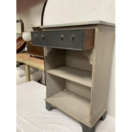 256 - GREY PAINTED BOOKCASE WITH DRAWER (HANDLES MISSING) H30