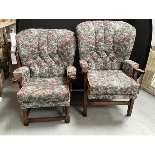 259 - TWO MATCHING UPHOLSTERED OAK FRAMED ARMCHAIRS A/F