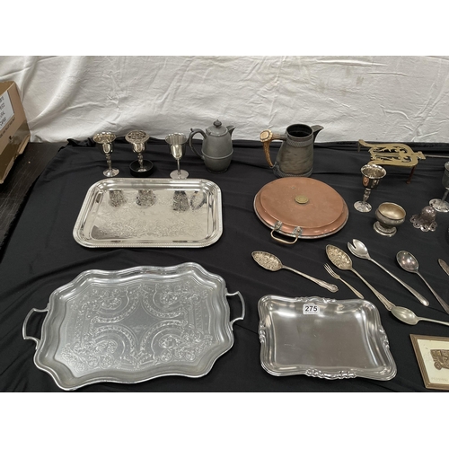 275 - BOX OF COPPER, PEWTER AND SILVER PLATED ITEMS