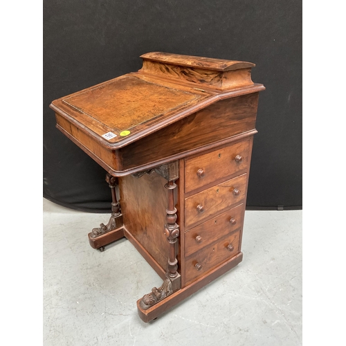 291 - VICTORIAN INLAID FITTED DAVENPORT WITH CARVED PILLARS AND DRAWERS TO SIDE H34