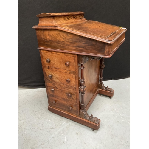 291 - VICTORIAN INLAID FITTED DAVENPORT WITH CARVED PILLARS AND DRAWERS TO SIDE H34