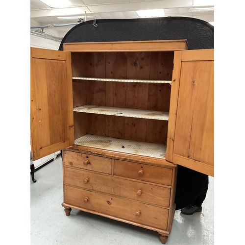 299 - VICTORIAN PINE PRESS WITH TWO DOORS TO TOP WITH FITTED SHELVES TO INTERIOR WITH 2 SHORT DRAWERS OVER... 