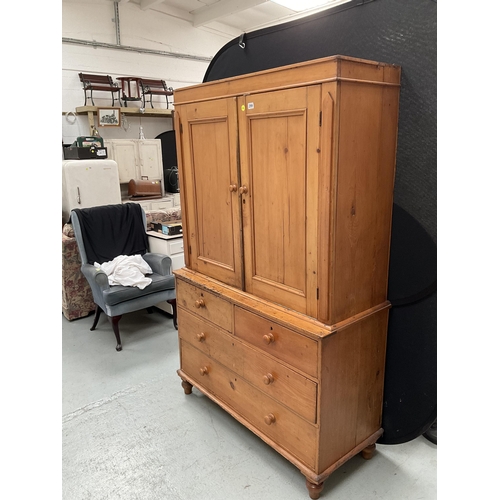 299 - VICTORIAN PINE PRESS WITH TWO DOORS TO TOP WITH FITTED SHELVES TO INTERIOR WITH 2 SHORT DRAWERS OVER... 