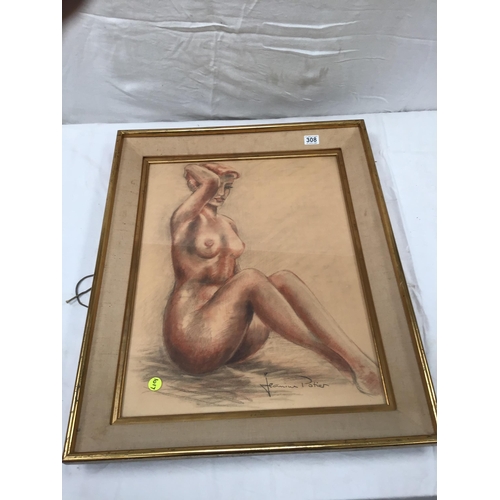 308 - RETRO FRAMED PENCIL DRAWING OF NUDE SIGNED JEANINE POTIER 26