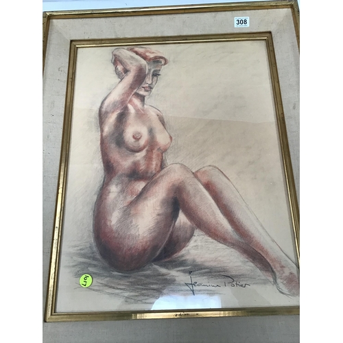 308 - RETRO FRAMED PENCIL DRAWING OF NUDE SIGNED JEANINE POTIER 26