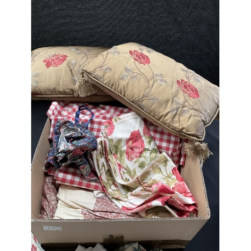 89 - 2 BOXES TO INCLUDE CUSHIONS, LAURA ASHLEY MATERIAL CROCHET BLANKETS ETC