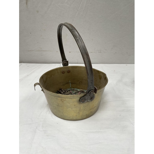 105 - VICTORIAN BRASS JAM PAN AND A VINTAGE BARGEWARE PAINTED JUG