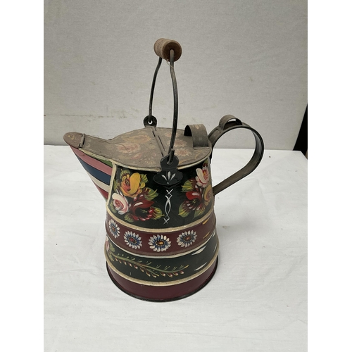 105 - VICTORIAN BRASS JAM PAN AND A VINTAGE BARGEWARE PAINTED JUG