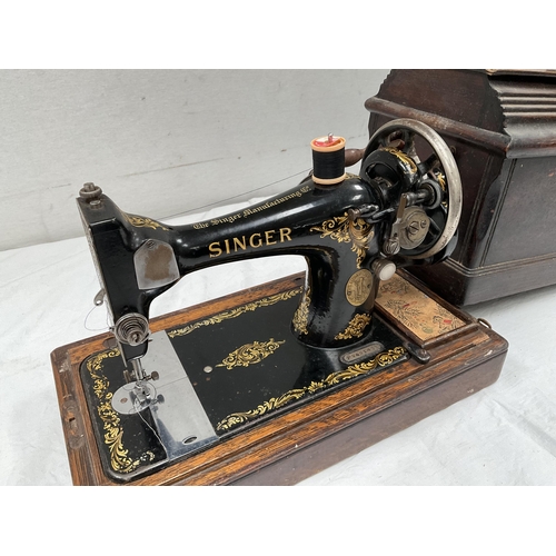 114 - OAK CASED SINGER HAND SEWING MACHINE