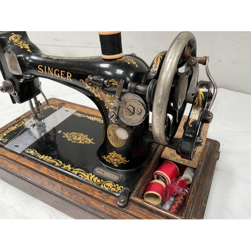 114 - OAK CASED SINGER HAND SEWING MACHINE