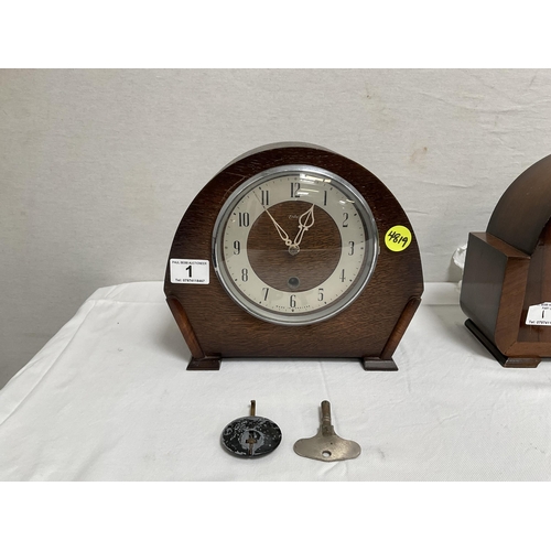 1 - SMITHS OAK CASED MANTLE CLOCK KEY AND PENDULUM AND AN ENFIELD OAK CASED MANTLE CLOCK KEY AND PENDULU... 