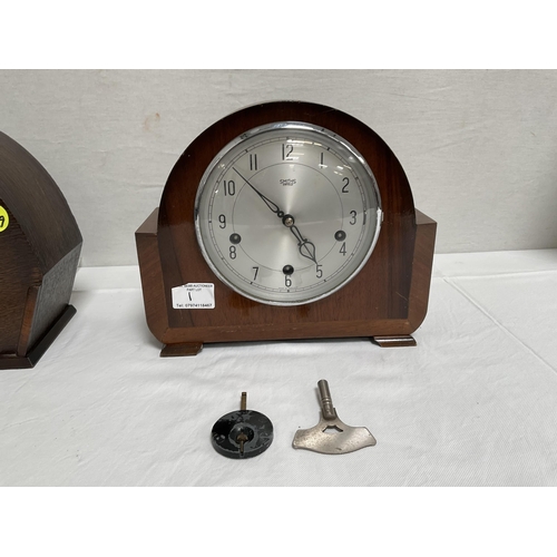 1 - SMITHS OAK CASED MANTLE CLOCK KEY AND PENDULUM AND AN ENFIELD OAK CASED MANTLE CLOCK KEY AND PENDULU... 