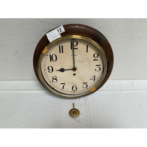 12 - OAK CASED SCHOOL CLOCK A/F (NO GLASS)