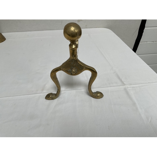 22 - PAIR OF BRASS CANDLESTICKS, COPPER MINERS LAMP AND A BRASS FIRE DOG