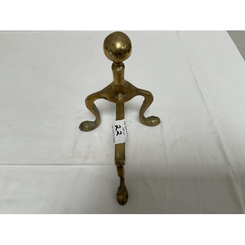 22 - PAIR OF BRASS CANDLESTICKS, COPPER MINERS LAMP AND A BRASS FIRE DOG