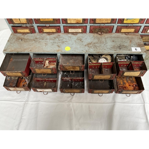 6 - BANK OF WORKSHOP DRAWERS TO INCLUDE CONTENTS, POCKET WATCH PARTS AND DOOR HINGES ETC - H 14