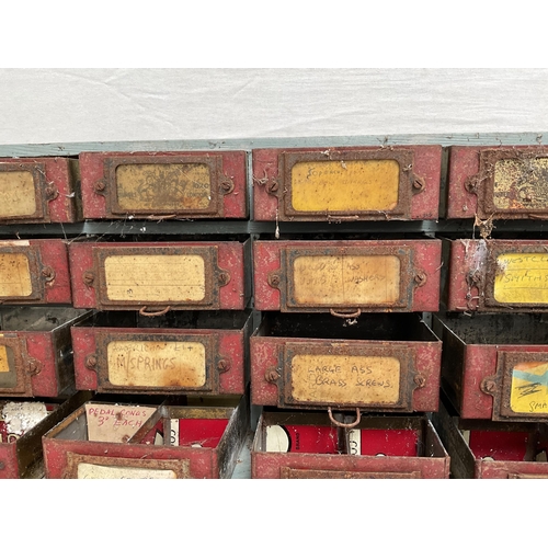 6 - BANK OF WORKSHOP DRAWERS TO INCLUDE CONTENTS, POCKET WATCH PARTS AND DOOR HINGES ETC - H 14