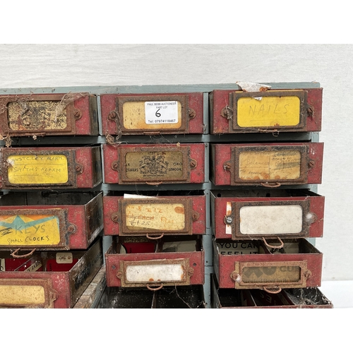 6 - BANK OF WORKSHOP DRAWERS TO INCLUDE CONTENTS, POCKET WATCH PARTS AND DOOR HINGES ETC - H 14