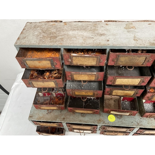 6 - BANK OF WORKSHOP DRAWERS TO INCLUDE CONTENTS, POCKET WATCH PARTS AND DOOR HINGES ETC - H 14