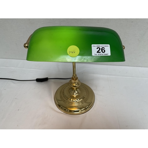 26 - BRASS ELECTRIC DESK LAMP COMPLETE WITH GREEN GLASS SHADE - H 13