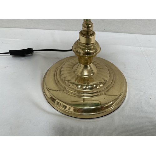 26 - BRASS ELECTRIC DESK LAMP COMPLETE WITH GREEN GLASS SHADE - H 13