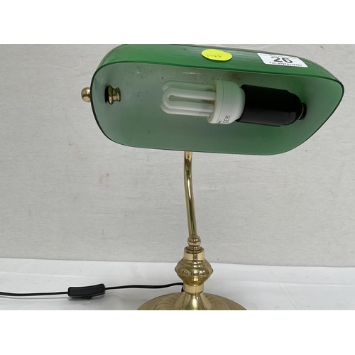 26 - BRASS ELECTRIC DESK LAMP COMPLETE WITH GREEN GLASS SHADE - H 13