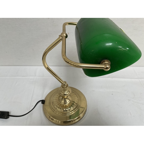 26 - BRASS ELECTRIC DESK LAMP COMPLETE WITH GREEN GLASS SHADE - H 13