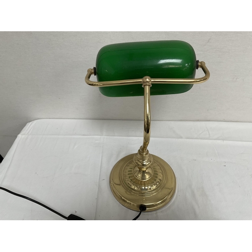 26 - BRASS ELECTRIC DESK LAMP COMPLETE WITH GREEN GLASS SHADE - H 13