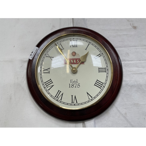 34 - COPPER COAL SCUTTLE, BRASS OIL LAMP BASE, COPPER WARMING PAN AND A BANKS WALL CLOCK