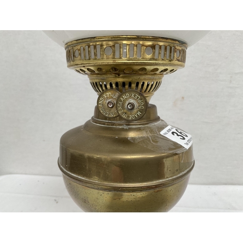 36 - BRASS OIL LAMP COMPLETE WITH CHIMNEY AND SHADE - H 20