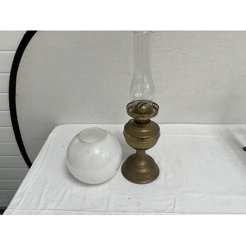 36 - BRASS OIL LAMP COMPLETE WITH CHIMNEY AND SHADE - H 20