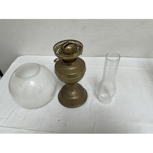 36 - BRASS OIL LAMP COMPLETE WITH CHIMNEY AND SHADE - H 20