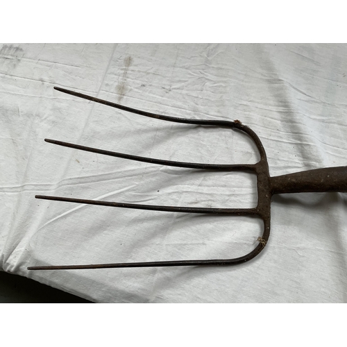 39 - 2 VINTAGE HAY FORKS AND A VINTAGE PICK AXE