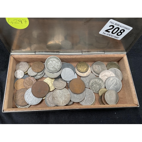 208 - VINTAGE BP CIGARETTE BOX TO INCLUDE COINS CAP BADGES STERLING SILVER SALT DISH AND STERLING SILVER H... 