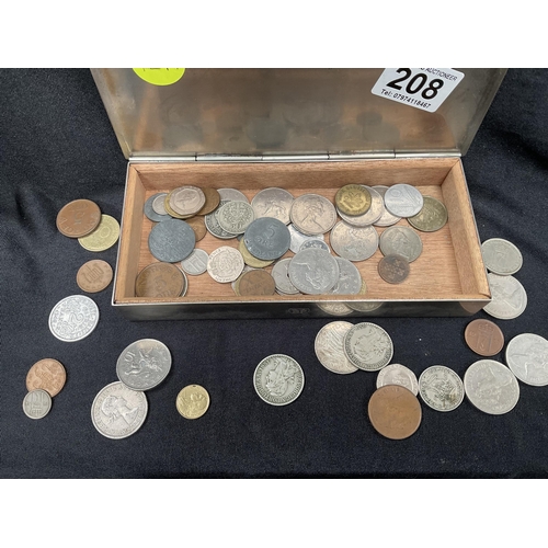 208 - VINTAGE BP CIGARETTE BOX TO INCLUDE COINS CAP BADGES STERLING SILVER SALT DISH AND STERLING SILVER H... 