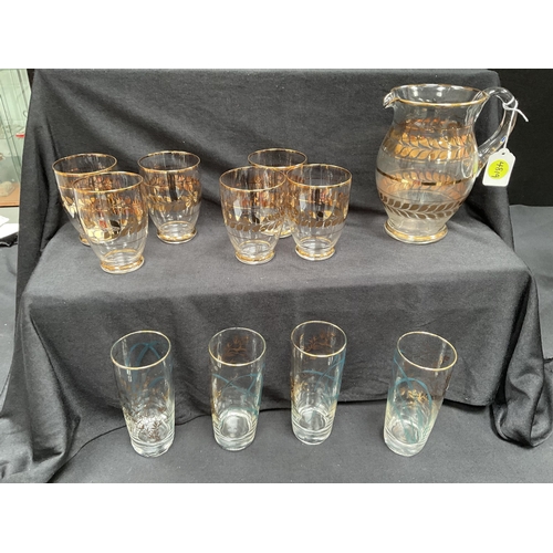 209 - VINTAGE HAND PAINTED CHARLESWARE WATER JUG AND 6 TUMBLERS AND 4 TUMBLERS