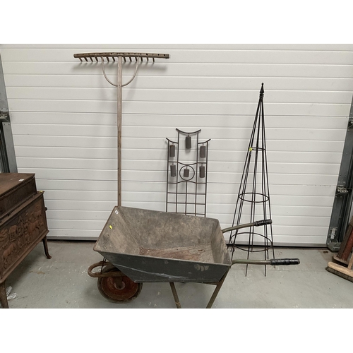 445 - GARDEN ITEMS TO INCLUDE WHEELBARROW, RAKE OBELISK AND CANDLE STAND