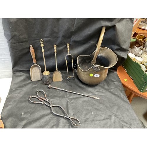 10 - BRASS COAL SCUTTLE, SHOVEL, FIRE IRONS ETC