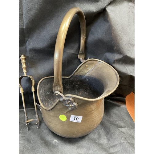 10 - BRASS COAL SCUTTLE, SHOVEL, FIRE IRONS ETC