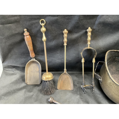 10 - BRASS COAL SCUTTLE, SHOVEL, FIRE IRONS ETC