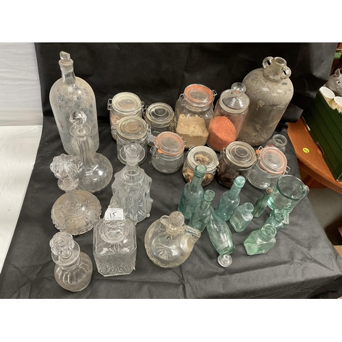 15 - 2 BOXES OF GLASSWARE TO INCLUDE VICTORIAN AND LATER DECANTERS, BOTTLES AND STORAGE JARS