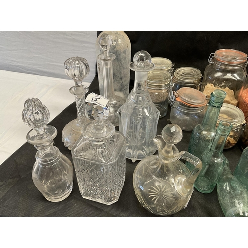 15 - 2 BOXES OF GLASSWARE TO INCLUDE VICTORIAN AND LATER DECANTERS, BOTTLES AND STORAGE JARS